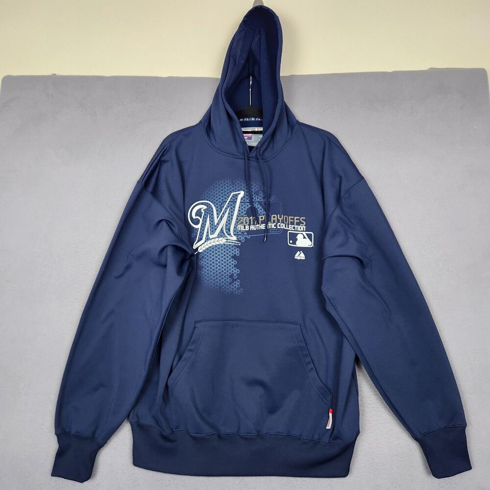 Milwaukee Brewers Hoodie Mens XL Blue MLB Baseball Majestic Therma Base Playoffs